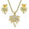 Oro Laminado Earring and Pendant Adult Set, Gold Filled Style Palm Tree Design, with Green and White Cubic Zirconia, Polished, Golden Finish, 10.342.0009.1