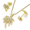 Oro Laminado Earring and Pendant Adult Set, Gold Filled Style Palm Tree Design, with Green and White Cubic Zirconia, Polished, Golden Finish, 10.342.0009.1