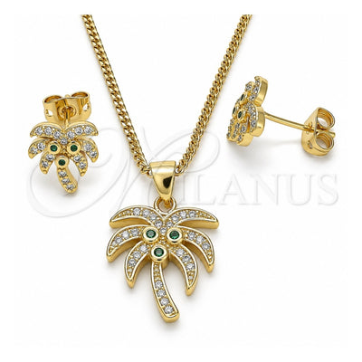 Oro Laminado Earring and Pendant Adult Set, Gold Filled Style Palm Tree Design, with Green and White Cubic Zirconia, Polished, Golden Finish, 10.342.0009.1