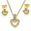 Oro Laminado Earring and Pendant Adult Set, Gold Filled Style Heart Design, with Multicolor Cubic Zirconia, Polished, Golden Finish, 10.342.0011.1