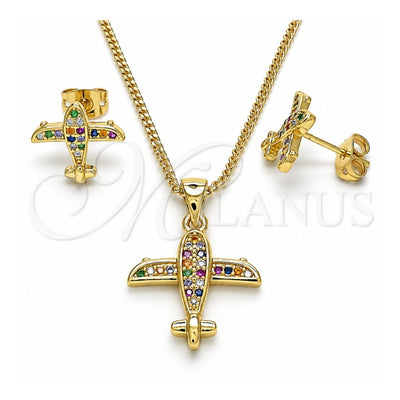 Oro Laminado Earring and Pendant Adult Set, Gold Filled Style with Multicolor Cubic Zirconia, Polished, Golden Finish, 10.342.0012.1