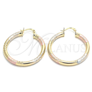 Gold Filled Hoop Earrings — Medium Hoop Hollow Design Polished Tricolor 02. — main product view — SKU 131283 | Oro Laminado aretes de aro — Medium Hoop Hollow diseño pulido Tricolor 02. — SKU 131283