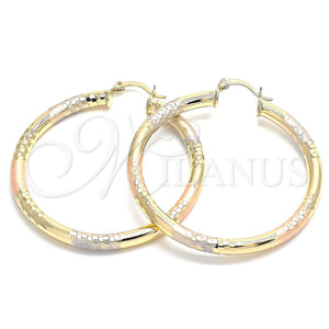 Gold Filled Hoop Earrings — Large Hoop Hollow Design Polished Tricolor 02. — main product view — SKU 131284 | Oro Laminado aretes de aro — Large Hoop Hollow diseño pulido Tricolor 02. — SKU 131284