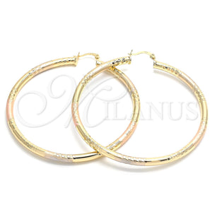 Gold Filled Hoop Earrings — Extra Large Hoop Hollow Design Diamond Cutting Tricolor — main product view — SKU 131286 | Oro Laminado aretes de aro — Extra Large Hoop Hollow diseño Diamond Cutting Tricolor — SKU 131286
