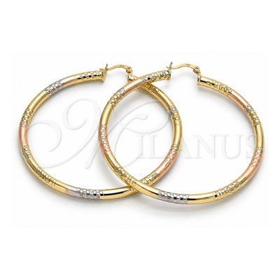 Oro Laminado Extra Large Hoop, Gold Filled Style Hollow Design, Diamond Cutting Finish, Tricolor, 02.170.0262.1.70
