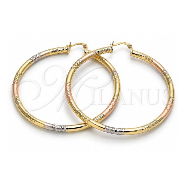 Oro Laminado Extra Large Hoop, Gold Filled Style Hollow Design, Diamond Cutting Finish, Tricolor, 02.170.0262.1.70