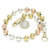 Oro Laminado Bracelet Rosary, Gold Filled Style San Benito Design, Polished, Tricolor, 03.351.0078.08