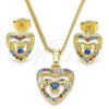 Oro Laminado Earring and Pendant Adult Set, Gold Filled Style Heart Design, with Multicolor Micro Pave and White Cubic Zirconia, Polished, Golden Finish, 10.233.0032