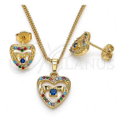 Oro Laminado Earring and Pendant Adult Set, Gold Filled Style Heart Design, with Multicolor Micro Pave and White Cubic Zirconia, Polished, Golden Finish, 10.233.0032