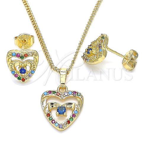 Oro Laminado Earring and Pendant Adult Set, Gold Filled Style Heart Design, with Multicolor Micro Pave and White Cubic Zirconia, Polished, Golden Finish, 10.233.0032