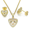 Oro Laminado Earring and Pendant Adult Set, Gold Filled Style Heart Design, with White Micro Pave and White Cubic Zirconia, Polished, Golden Finish, 10.233.0032.3