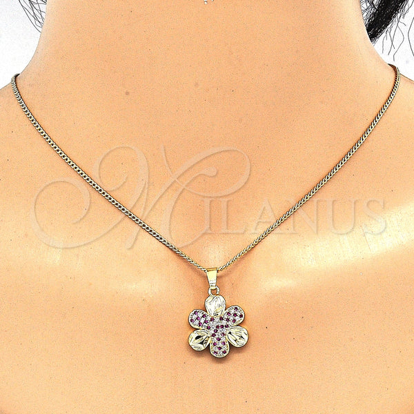 Oro Laminado Earring and Pendant Adult Set, Gold Filled Style Flower Design, with Ruby and White Cubic Zirconia, Polished, Golden Finish, 10.233.0033.2