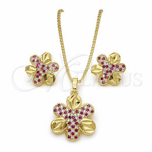 Oro Laminado Earring and Pendant Adult Set, Gold Filled Style Flower Design, with Ruby and White Cubic Zirconia, Polished, Golden Finish, 10.233.0033.2