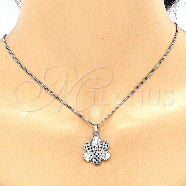 Oro Laminado Earring and Pendant Adult Set, Gold Filled Style Flower Design, with Black and White Cubic Zirconia, Polished, Rhodium Finish, 10.233.0033.5