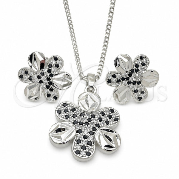 Oro Laminado Earring and Pendant Adult Set, Gold Filled Style Flower Design, with Black and White Cubic Zirconia, Polished, Rhodium Finish, 10.233.0033.5