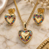 Oro Laminado Earring and Pendant Adult Set, Gold Filled Style Heart Design, with Multicolor Micro Pave, Polished, Golden Finish, 10.233.0034