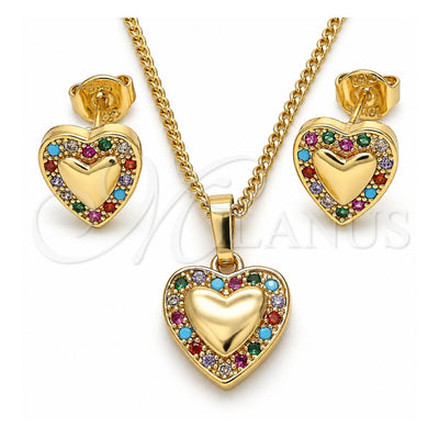 Oro Laminado Earring and Pendant Adult Set, Gold Filled Style Heart Design, with Multicolor Micro Pave, Polished, Golden Finish, 10.233.0034