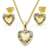Oro Laminado Earring and Pendant Adult Set, Gold Filled Style Heart Design, with Multicolor Micro Pave, Polished, Golden Finish, 10.233.0034
