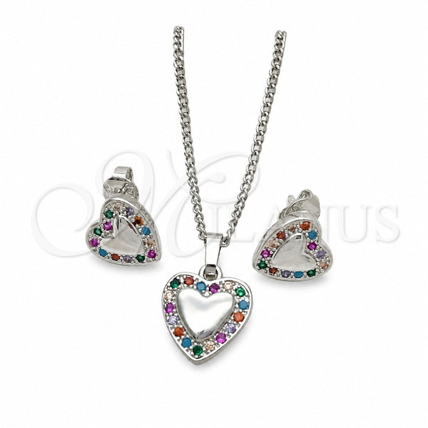 Rhodium Gold Filled Earring and Pendant Adult Set, Heart Design, with Multicolor Cubic Zirconia, Polished, Rhodium Finish, 10.233.0034.3