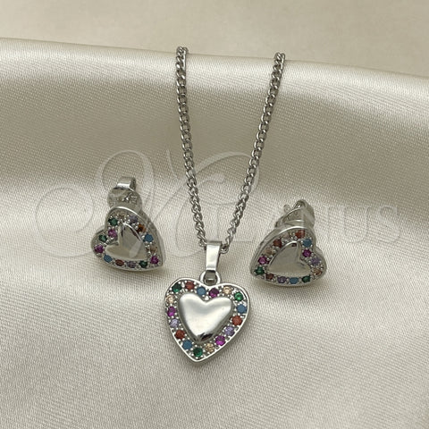Rhodium Gold Filled Earring and Pendant Adult Set, Heart Design, with Multicolor Cubic Zirconia, Polished, Rhodium Finish, 10.233.0034.3
