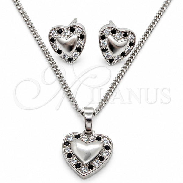 Rhodium Gold Filled Earring and Pendant Adult Set, Heart Design, with Black Cubic Zirconia, Polished, Rhodium Finish, 10.233.0034.4