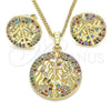 Oro Laminado Earring and Pendant Adult Set, Gold Filled Style Tree Design, with Multicolor Cubic Zirconia, Polished, Golden Finish, 10.233.0035