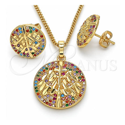 Oro Laminado Earring and Pendant Adult Set, Gold Filled Style Tree Design, with Multicolor Cubic Zirconia, Polished, Golden Finish, 10.233.0035