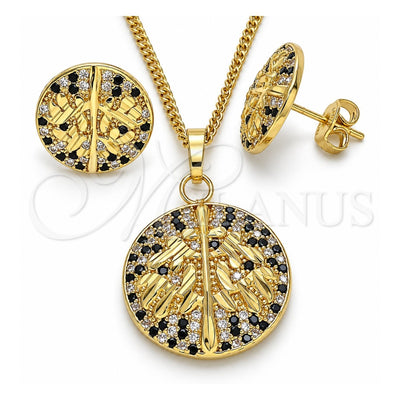 Oro Laminado Earring and Pendant Adult Set, Gold Filled Style Tree Design, with Black and White Cubic Zirconia, Polished, Golden Finish, 10.233.0035.1