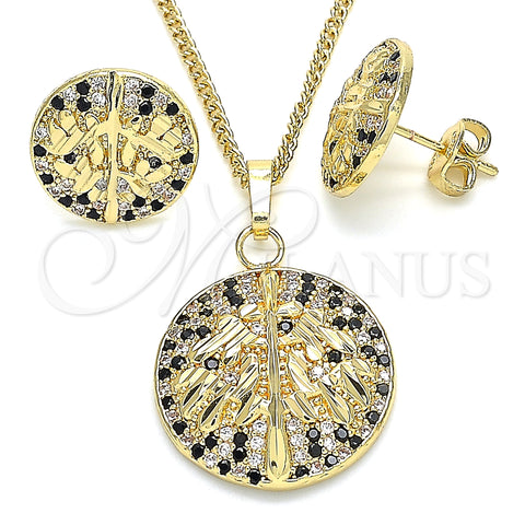 Oro Laminado Earring and Pendant Adult Set, Gold Filled Style Tree Design, with Black and White Cubic Zirconia, Polished, Golden Finish, 10.233.0035.1