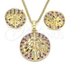 Oro Laminado Earring and Pendant Adult Set, Gold Filled Style Tree Design, with Ruby and White Cubic Zirconia, Polished, Golden Finish, 10.233.0035.2