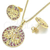 Oro Laminado Earring and Pendant Adult Set, Gold Filled Style Tree Design, with Ruby and White Cubic Zirconia, Polished, Golden Finish, 10.233.0035.2