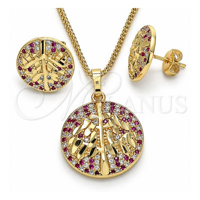 Oro Laminado Earring and Pendant Adult Set, Gold Filled Style Tree Design, with Ruby and White Cubic Zirconia, Polished, Golden Finish, 10.233.0035.2