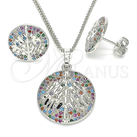 Oro Laminado Earring and Pendant Adult Set, Gold Filled Style Tree Design, with Multicolor Cubic Zirconia, Polished, Rhodium Finish, 10.233.0035.4