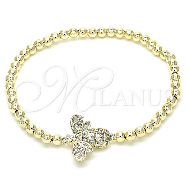 Oro Laminado Fancy Bracelet, Gold Filled Style Expandable Bead and Bee Design, with White Cubic Zirconia, Polished, Golden Finish, 03.299.0025.07 (04 MM Thickness, 7 Inches Length)
