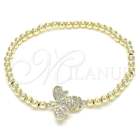 Oro Laminado Fancy Bracelet, Gold Filled Style Expandable Bead and Bee Design, with White Cubic Zirconia, Polished, Golden Finish, 03.299.0025.07 (04 MM Thickness, 7 Inches Length)