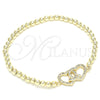 Oro Laminado Fancy Bracelet, Gold Filled Style Expandable Bead and Heart Design, with White Micro Pave, Polished, Golden Finish, 03.299.0028.07 (04 MM Thickness, 7 Inches Length)