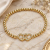 Oro Laminado Fancy Bracelet, Gold Filled Style Expandable Bead and Heart Design, with White Micro Pave, Polished, Golden Finish, 03.299.0028.07 (04 MM Thickness, 7 Inches Length)