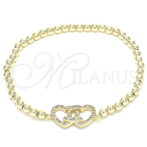 Oro Laminado Fancy Bracelet, Gold Filled Style Expandable Bead and Heart Design, with White Micro Pave, Polished, Golden Finish, 03.299.0028.07 (04 MM Thickness, 7 Inches Length)
