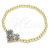Oro Laminado Fancy Bracelet, Gold Filled Style Expandable Bead and Heart Design, with Multicolor Cubic Zirconia, Polished, Golden Finish, 03.299.0030.07 (04 MM Thickness, 7 Inches Length)