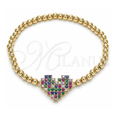 Oro Laminado Fancy Bracelet, Gold Filled Style Expandable Bead and Heart Design, with Multicolor Cubic Zirconia, Polished, Golden Finish, 03.299.0030.07 (04 MM Thickness, 7 Inches Length)