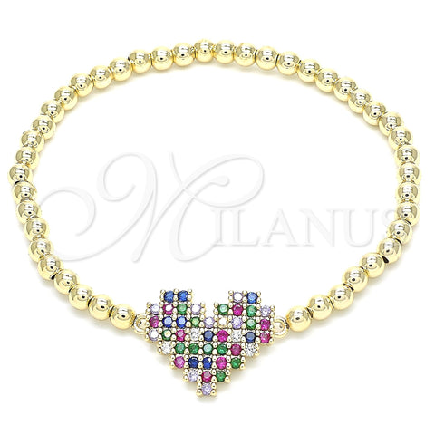 Oro Laminado Fancy Bracelet, Gold Filled Style Expandable Bead and Heart Design, with Multicolor Cubic Zirconia, Polished, Golden Finish, 03.299.0030.07 (04 MM Thickness, 7 Inches Length)