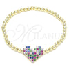 Oro Laminado Fancy Bracelet, Gold Filled Style Expandable Bead and Heart Design, with Multicolor Cubic Zirconia, Polished, Golden Finish, 03.299.0030.07 (04 MM Thickness, 7 Inches Length)