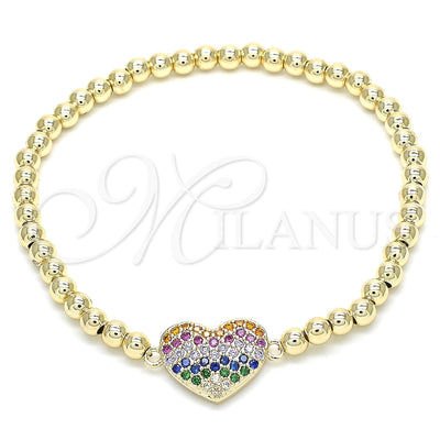 Oro Laminado Fancy Bracelet, Gold Filled Style Expandable Bead and Heart Design, with Multicolor Cubic for wholesale, main product view