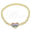 Oro Laminado Fancy Bracelet, Gold Filled Style Expandable Bead and Heart Design, with Multicolor Cubic Zirconia, Polished, Golden Finish, 03.299.0031.07 (04 MM Thickness, 7 Inches Length)