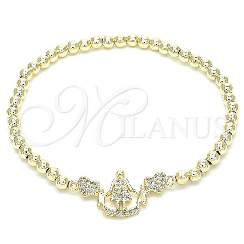Oro Laminado Fancy Bracelet, Gold Filled Style Expandable Bead and Heart Design, with White Cubic Zirconia, Polished, Golden Finish, 03.299.0032.07 (04 MM Thickness, 7 Inches Length)