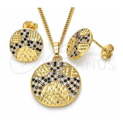 Oro Laminado Earring and Pendant Adult Set, Gold Filled Style with Black and White Cubic Zirconia, Polished, Golden Finish, 10.233.0036.1