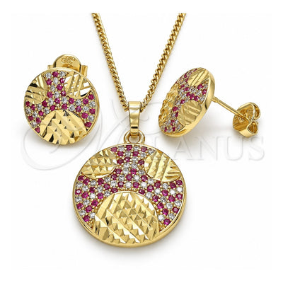 Oro Laminado Earring and Pendant Adult Set, Gold Filled Style with Ruby and White Cubic Zirconia, Polished, Golden Finish, 10.233.0036.2