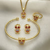 Oro Laminado Earring and Pendant Children Set, Gold Filled Style Owl Design, with Multicolor Cubic Zirconia, Polished, Golden Finish, 06.210.0013