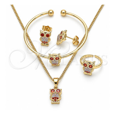 Oro Laminado Earring and Pendant Children Set, Gold Filled Style Owl Design, with Multicolor Cubic Zirconia, Polished, Golden Finish, 06.210.0013