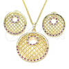 Oro Laminado Earring and Pendant Adult Set, Gold Filled Style with Ruby and White Cubic Zirconia, Polished, Golden Finish, 10.233.0037.2